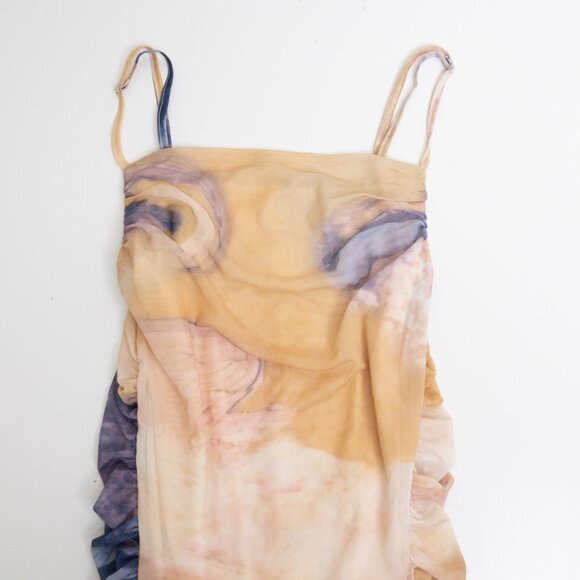 COMMENSE Granite Tie Dye Mesh Ruched Midi Dress Watercolor Abstract Pattern - Picture 5 of 14